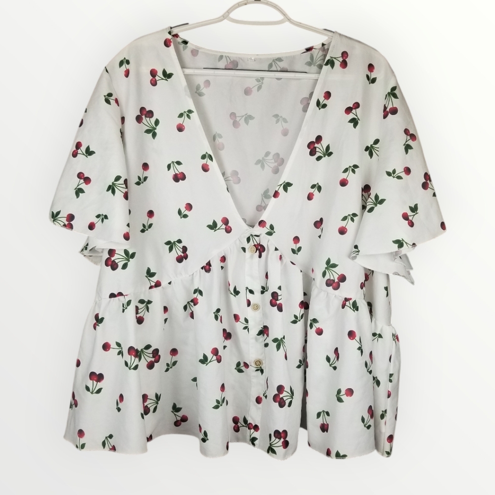 SHEIN Plus Size Women's Cherry Print White Flowy Peplum Top